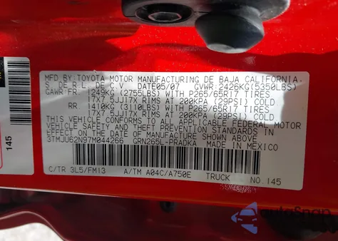 2007 Toyota Tacoma Prerunner V6 from USA, damaged, VIN 3TMJU62N97M044266